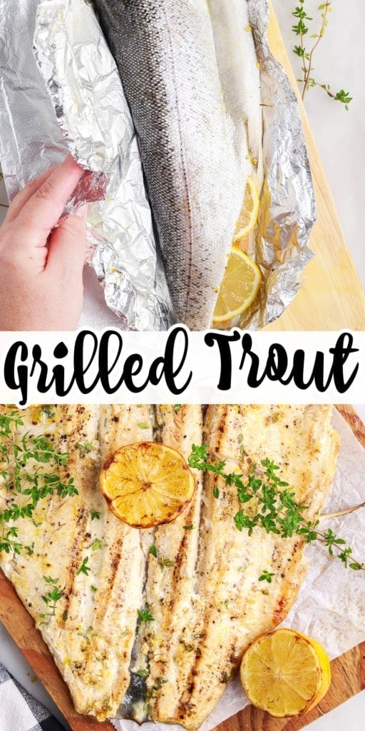 Trout ready to be grilled in foil with lemon wedges in between in the top half of the picture, grilled trout on a wooden kitchen board in the lower half