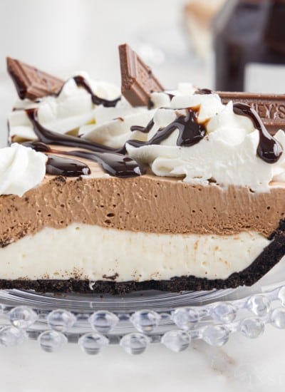 Side view of a slice of Hershey Pie on a plate.