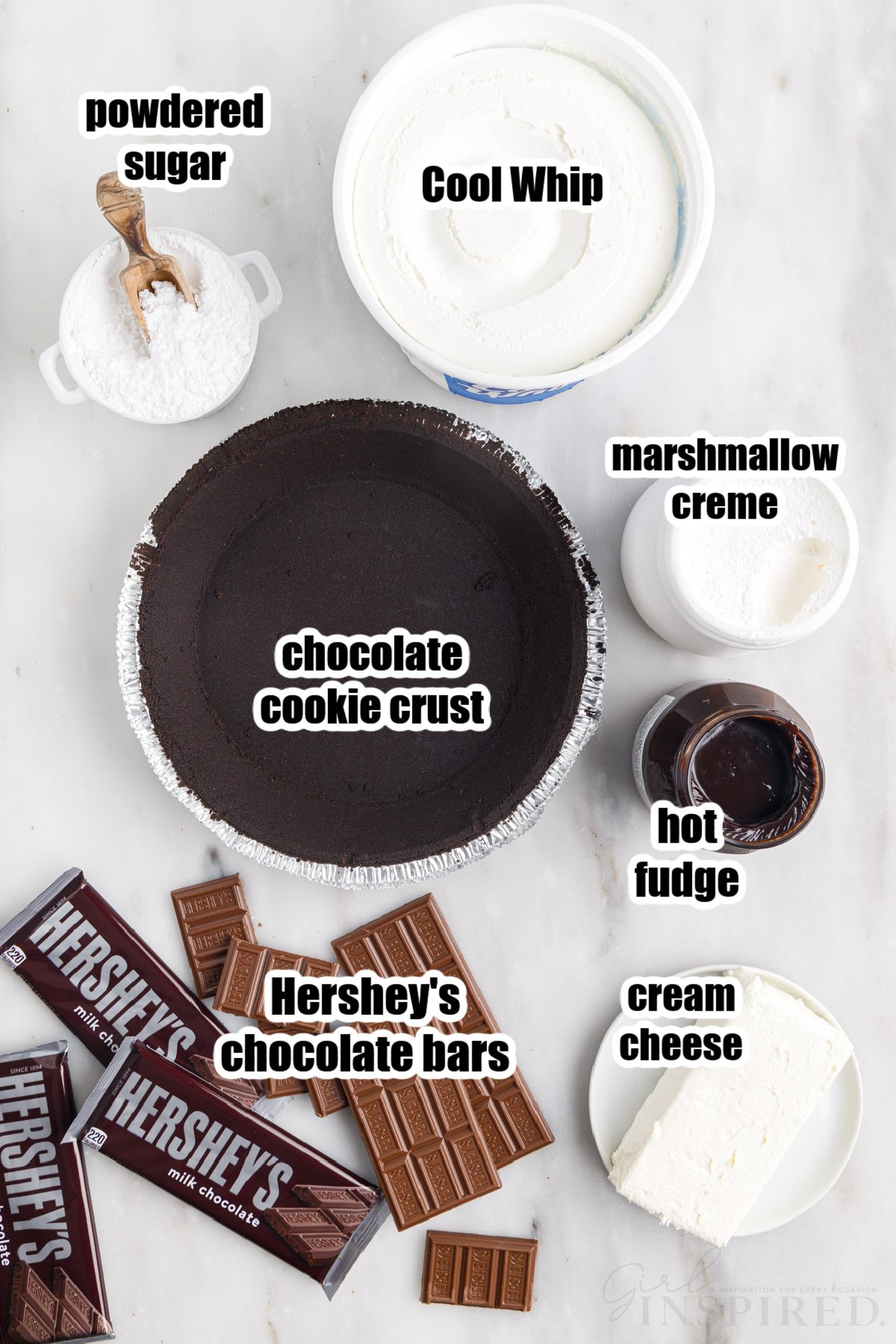 Ingredients needed to make Hershey Pie with text overlay.
