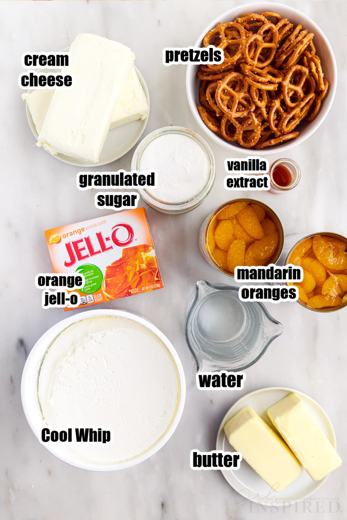 Ingredients needed to make Orange Pretzel Salad.