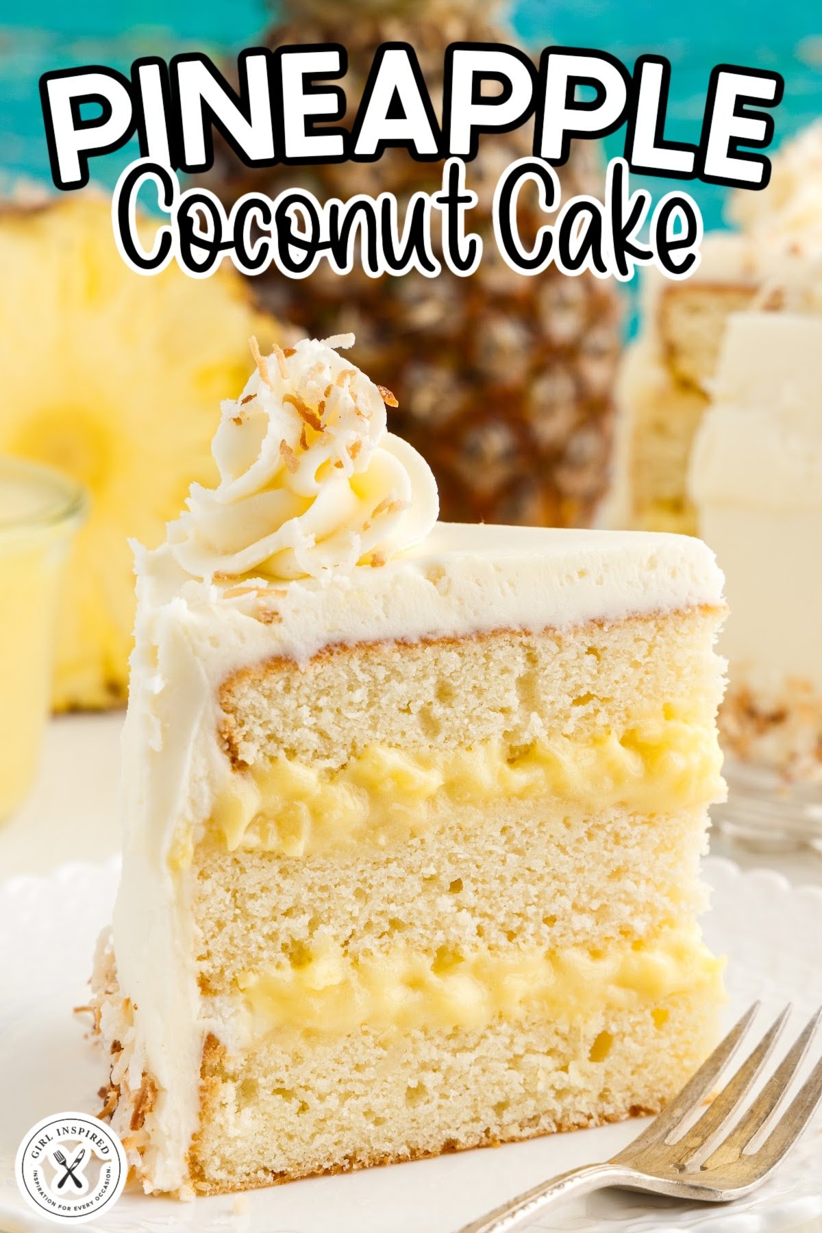 a slice of Pineapple coconut cake on a plate with a fork with text overlay.