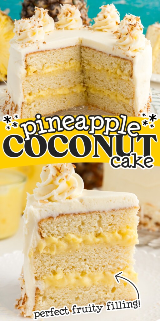 Two image of a layered Pineapple coconut cake with text overlay.