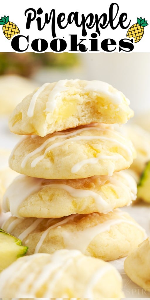 Pineapple Cookies stacked on each other with a bite missing from the top most cookie.