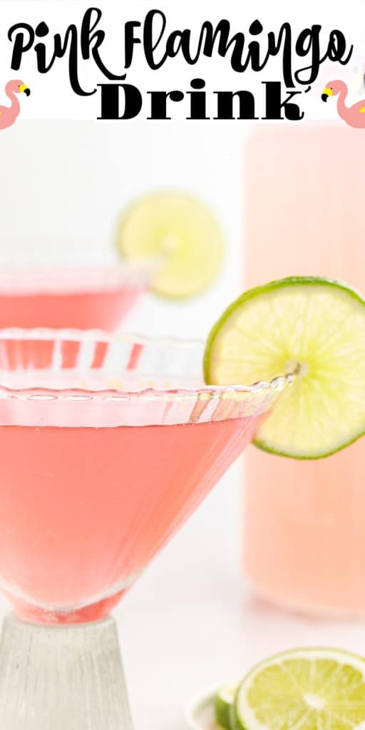 Close up of Pink Flamingo Drink in glasses garnished with lime wedges