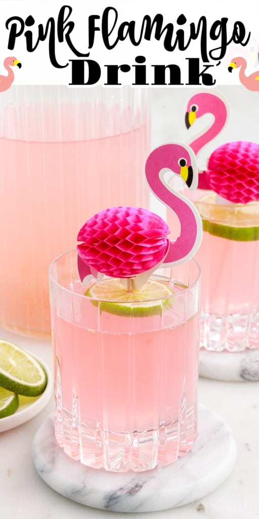 Glasses with Pink Flamingo Drink garnished with limes, and paper pink flamingos.
