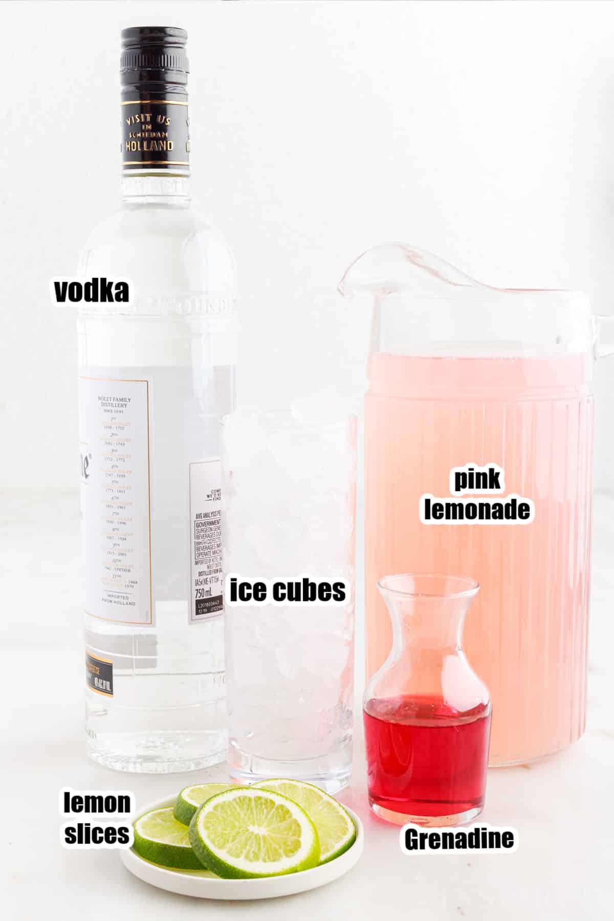 Ingredients needed to make Pink Flamingo Drink.