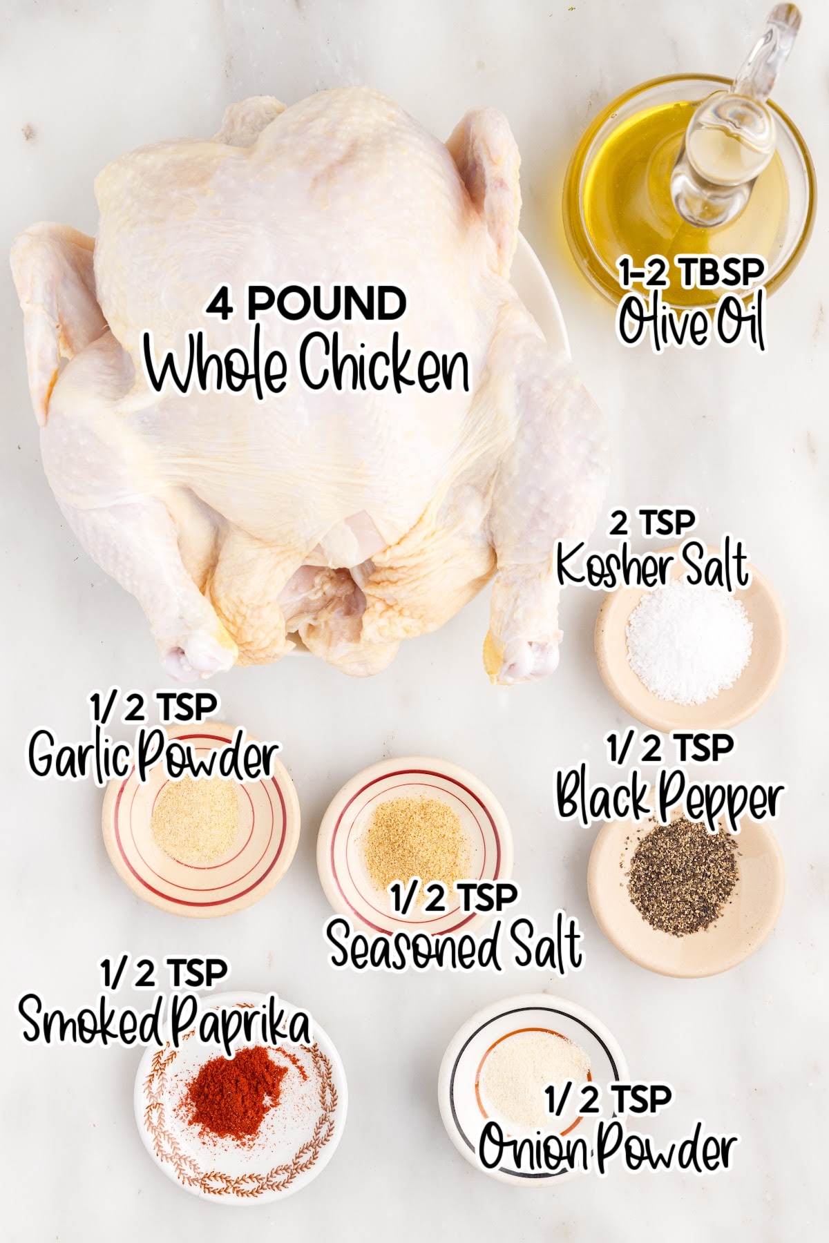 Ingredients needed to make whole chicken in air fryer with text overlay.
