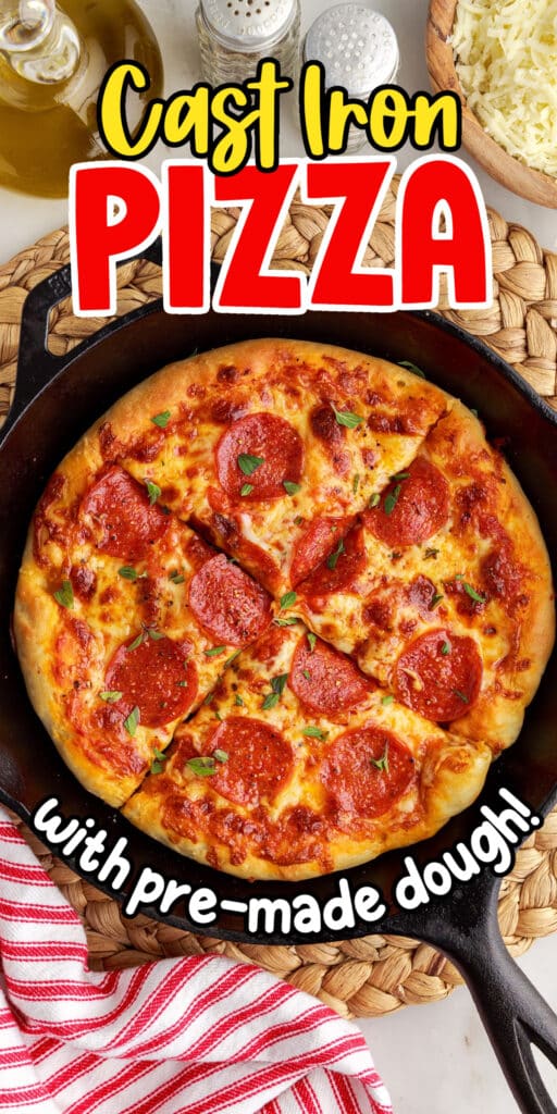 Pizza in cast iron skillet with text title.