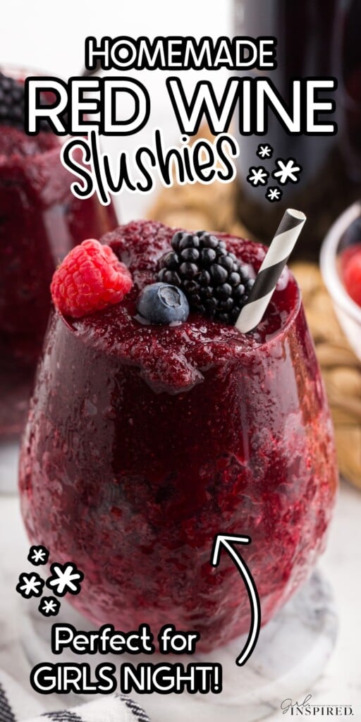 Frozen Wine Slushie in stemless wine glass, topped with berries and straw, with text overlay.
