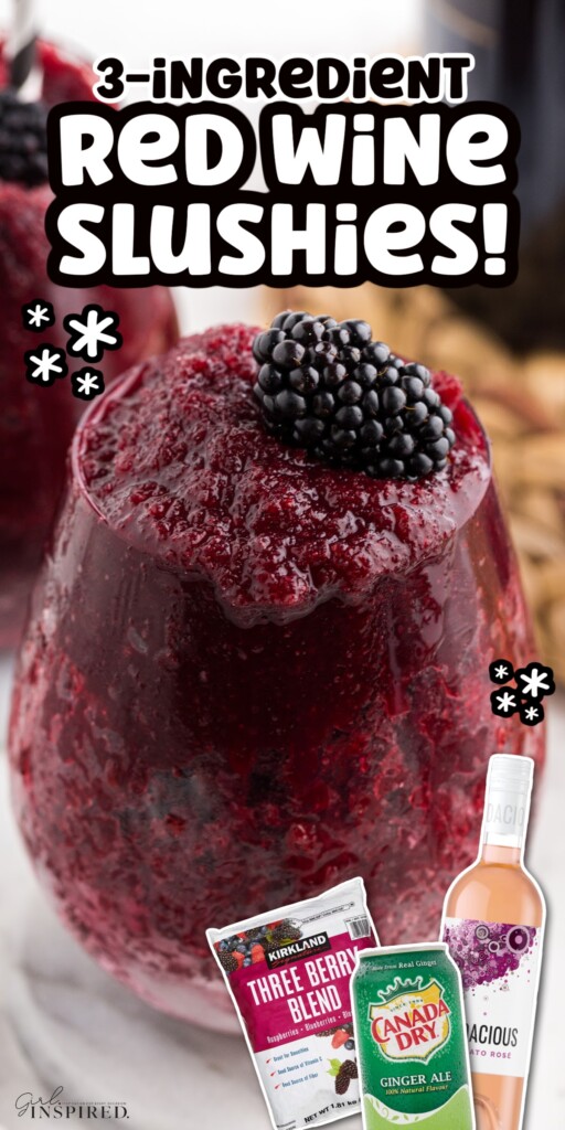 Frozen Wine Slushie with text overlay and images of ingredients pictured at the bottom right.
