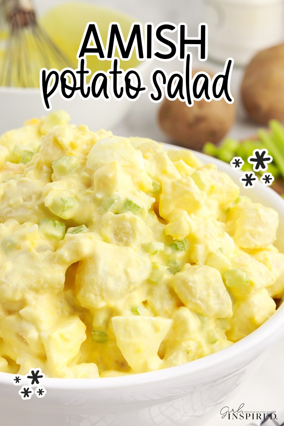 Amish Potato Salad in a serving dish with text overlay.