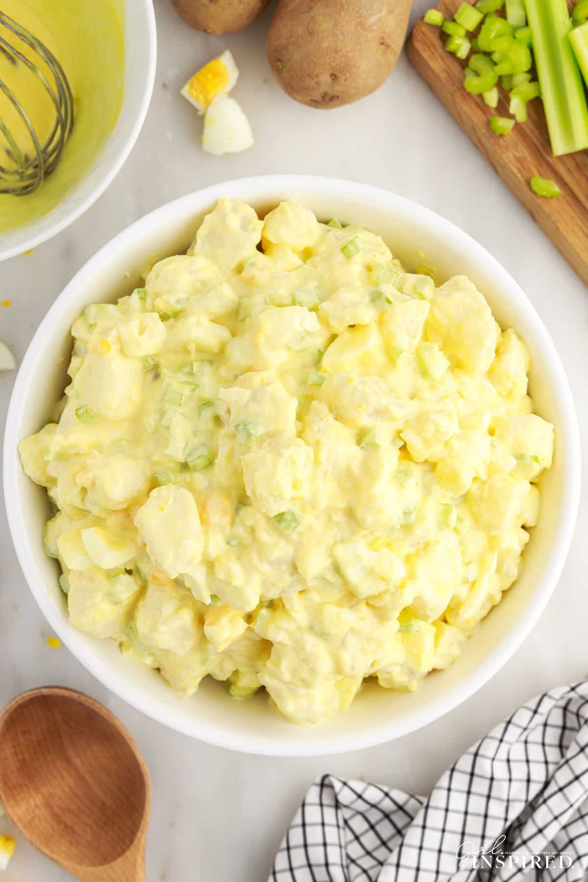 Overhead view of Amish Potato Salad in a serving bowl.