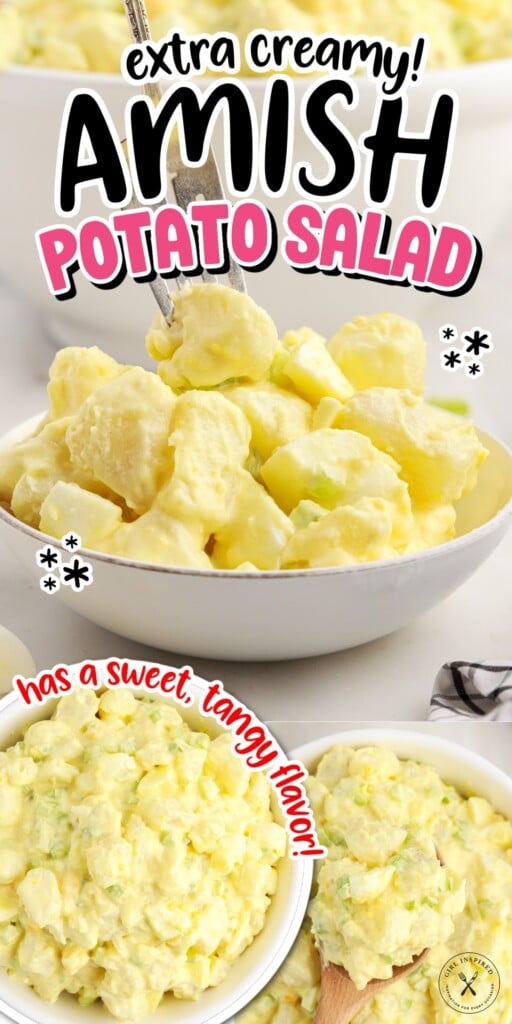 Three images of Amish Potato Salad in a small dish with a fork inserted and two bowls of Amish Potato Salad a wooden spoon inserted in one with text overlay.