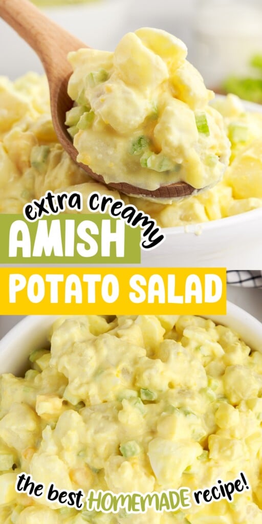 Two images of Amish Potato Salad with a wooden spoon full and Amish Potato Salad in a serving dish with text overlay.