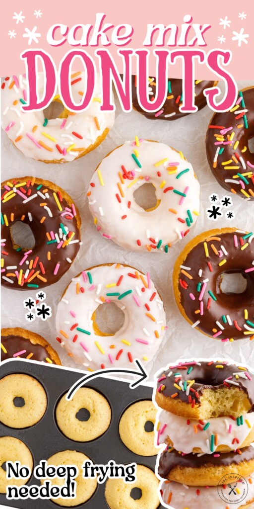 Cake Mix Donuts on parchment paper, Cake Mix Donuts in pan before baking, and Cake Mix Donuts stacked on each other with text overlay.