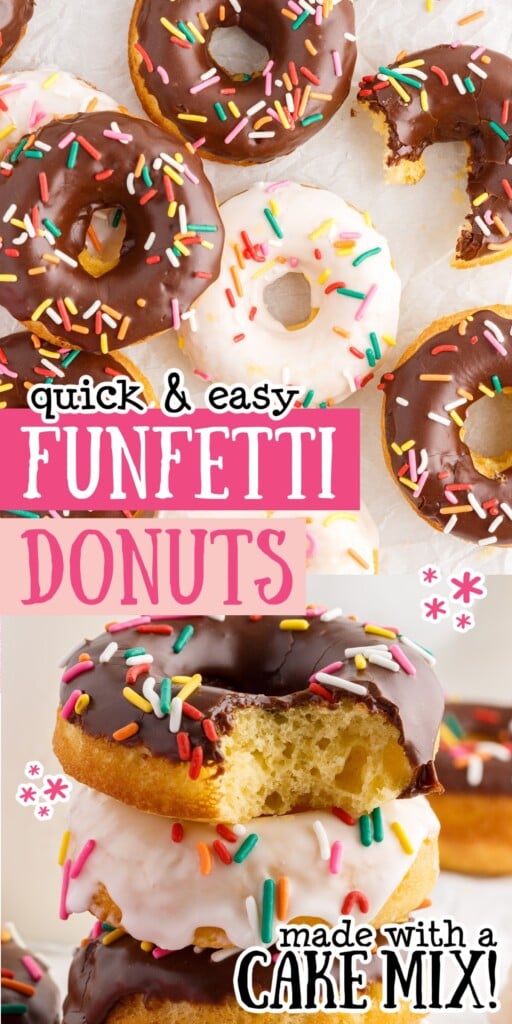 Two images on top of each other of Cake Mix Donuts on the counter and stacked on each other with text overlay.