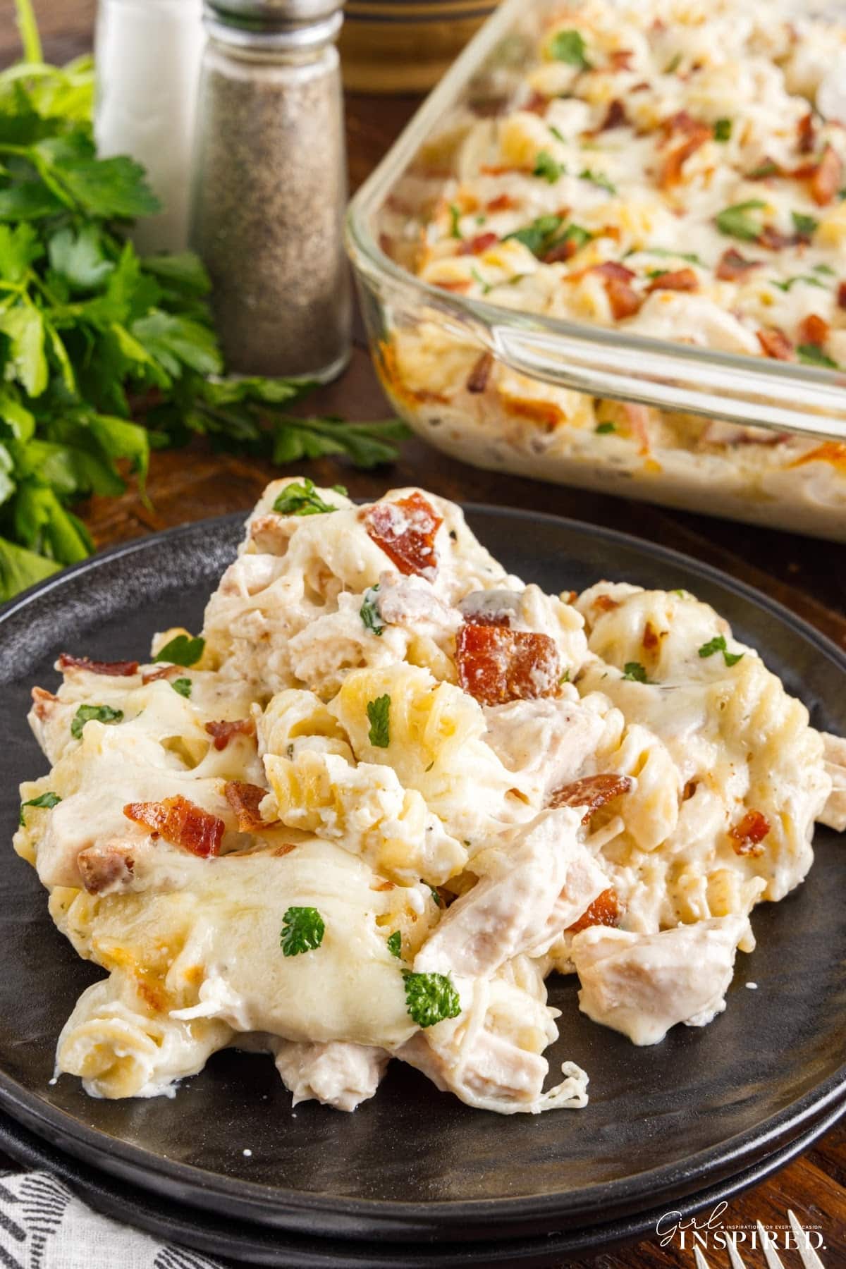 A small dish of Chicken Bacon Ranch Casserole.