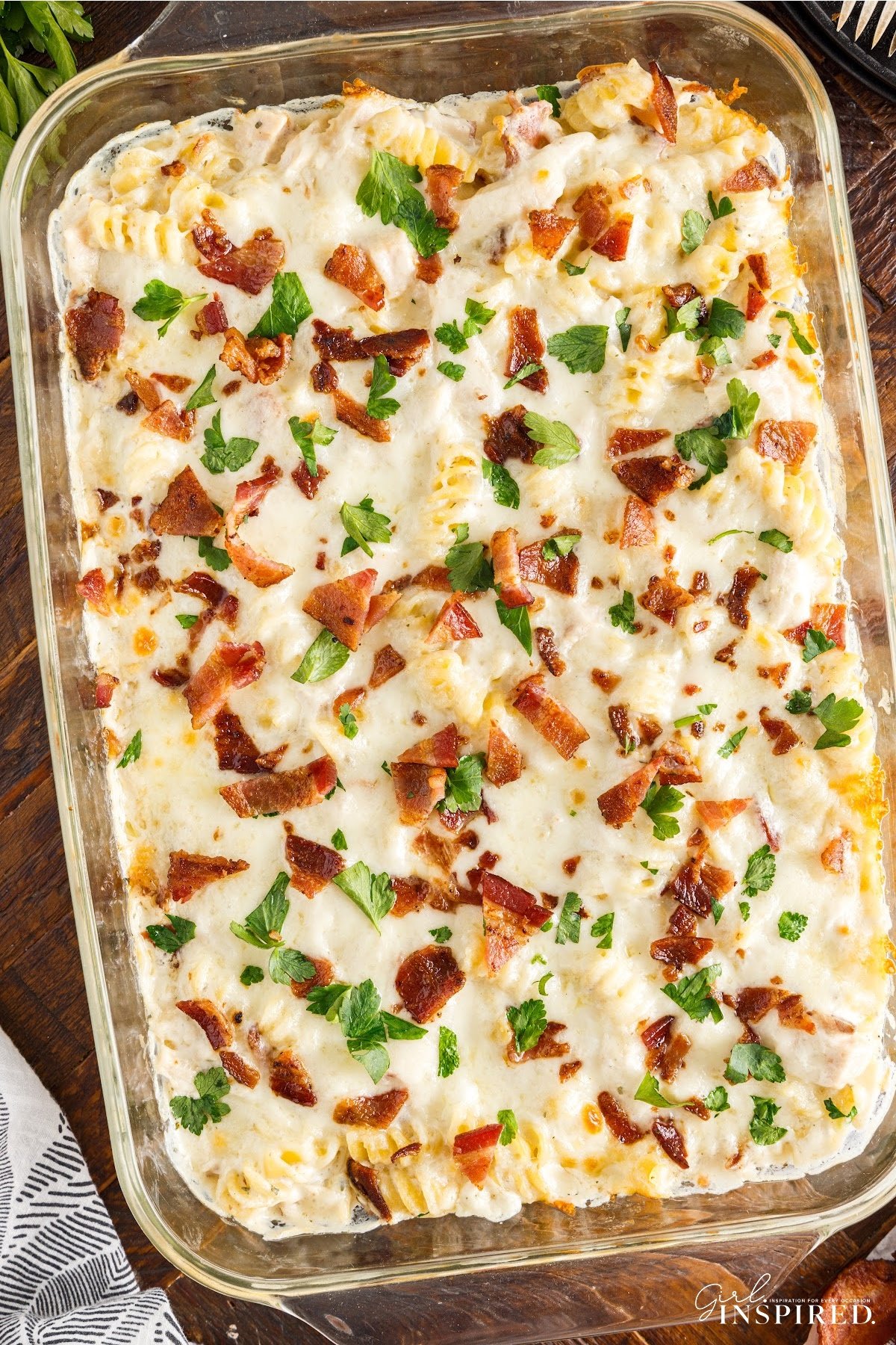 Overhead view of Chicken Bacon Ranch Casserole in a 9x13.