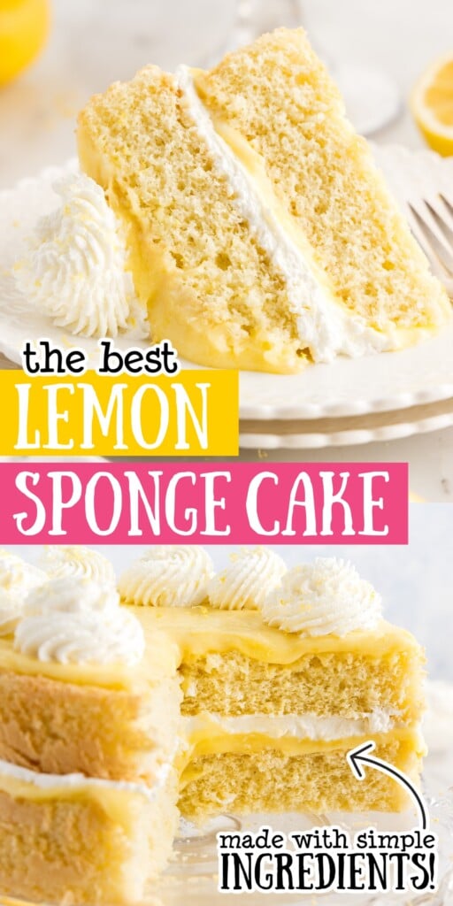Two images of a slice of Lemon Sponge Cake on a plate and a Lemon Sponge Cake with slices missing with text overlay.