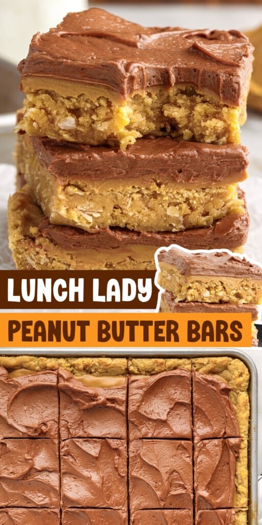 A stack of Lunch Lady Peanut Butter Bars and Lunch Lady Peanut Butter Bars cut into squares in a pan with text overlay.
