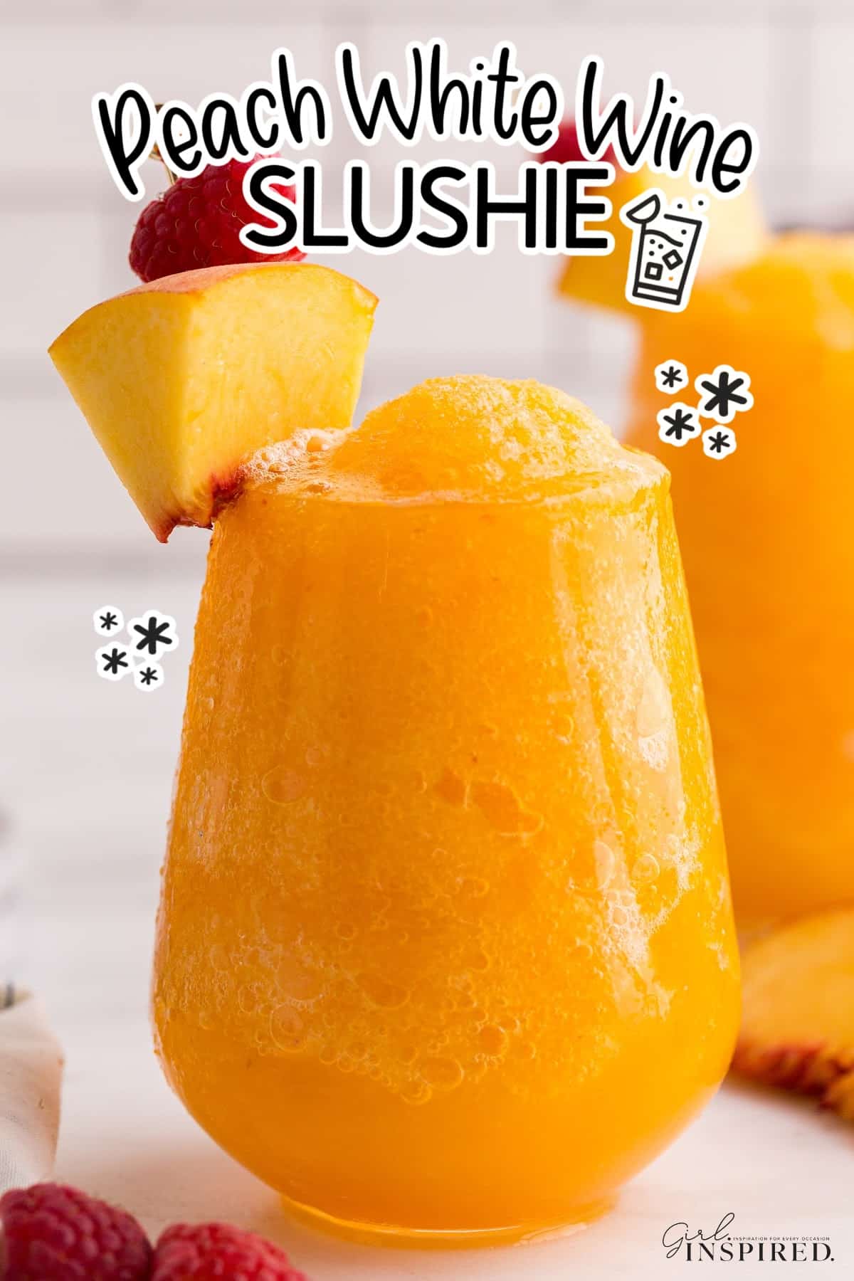 Peach White Wine Slushie with text overlay.