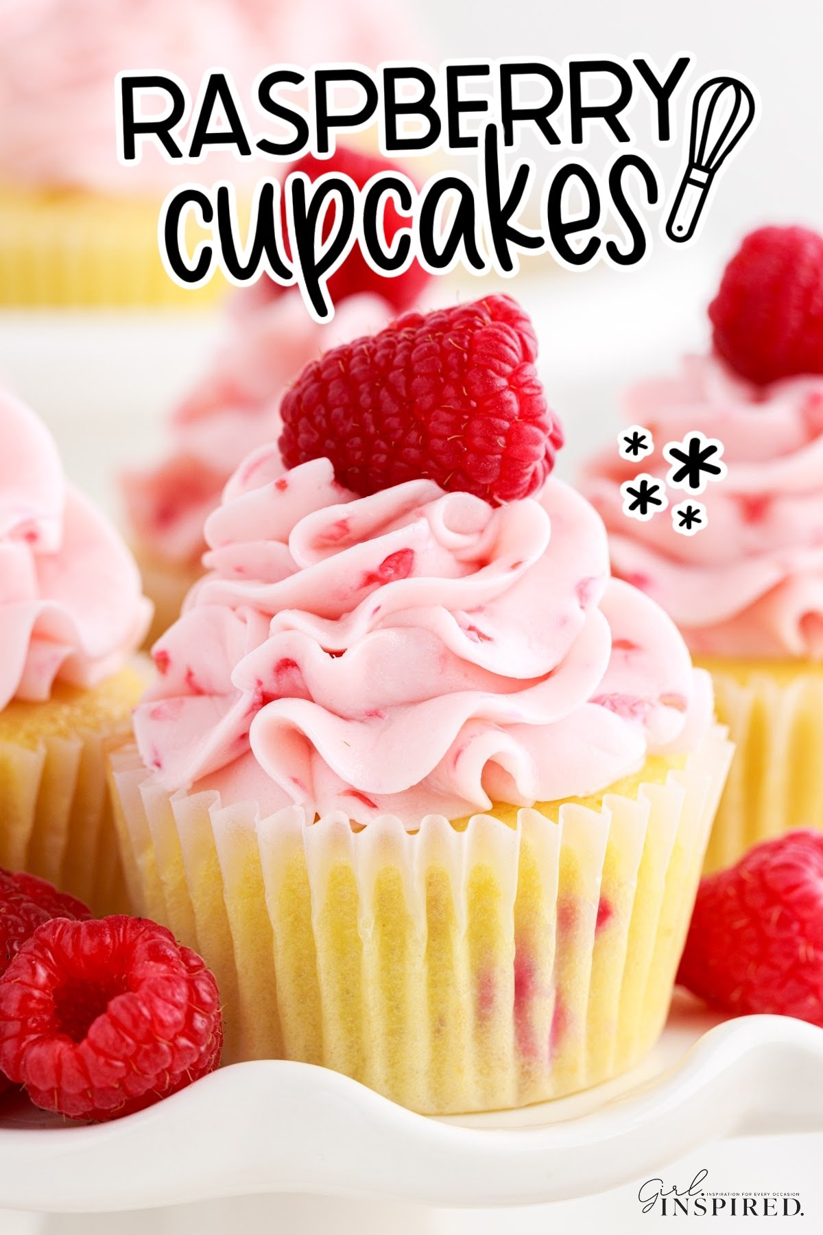 Front close up of Raspberry Cupcakes with text overlay.