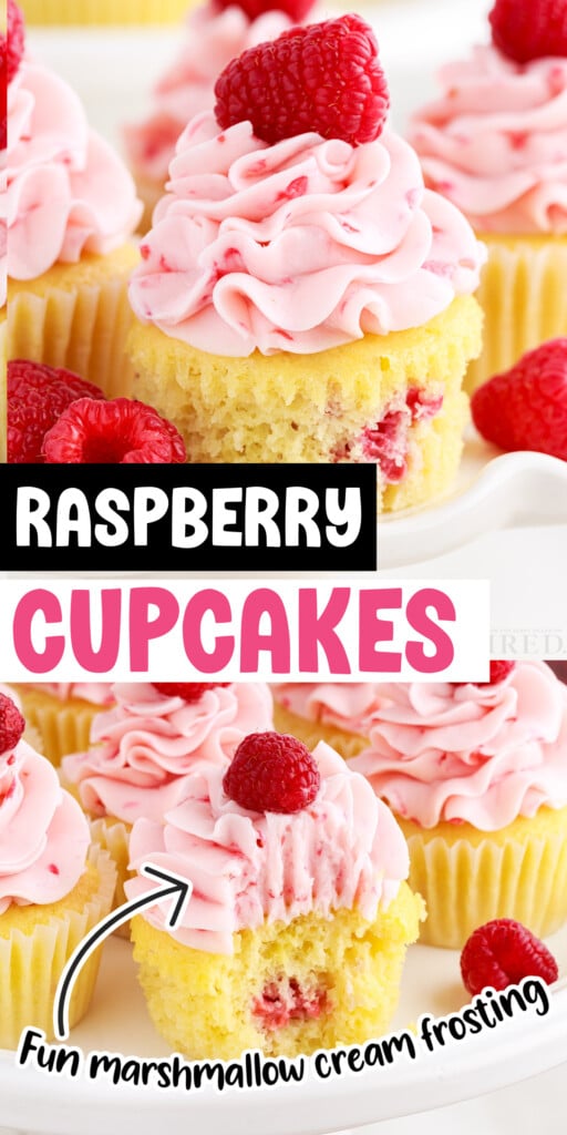 Two images of Raspberry Cupcakes and Raspberry Cupcakes with a bite taken from one with text overlay.