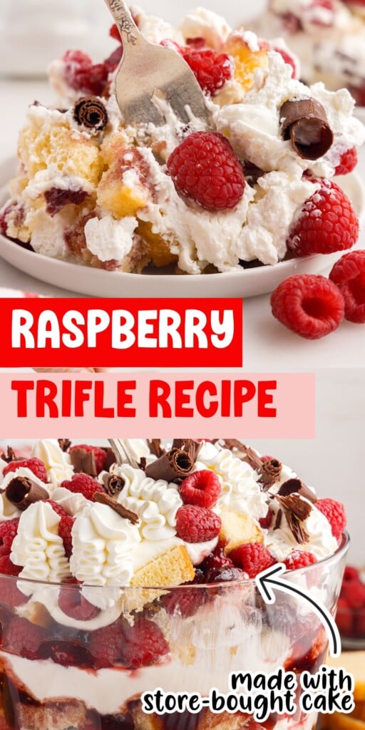 Two images of Raspberry Trifle on a plate with a fork and a bowl of Raspberry Trifle with text overlay.