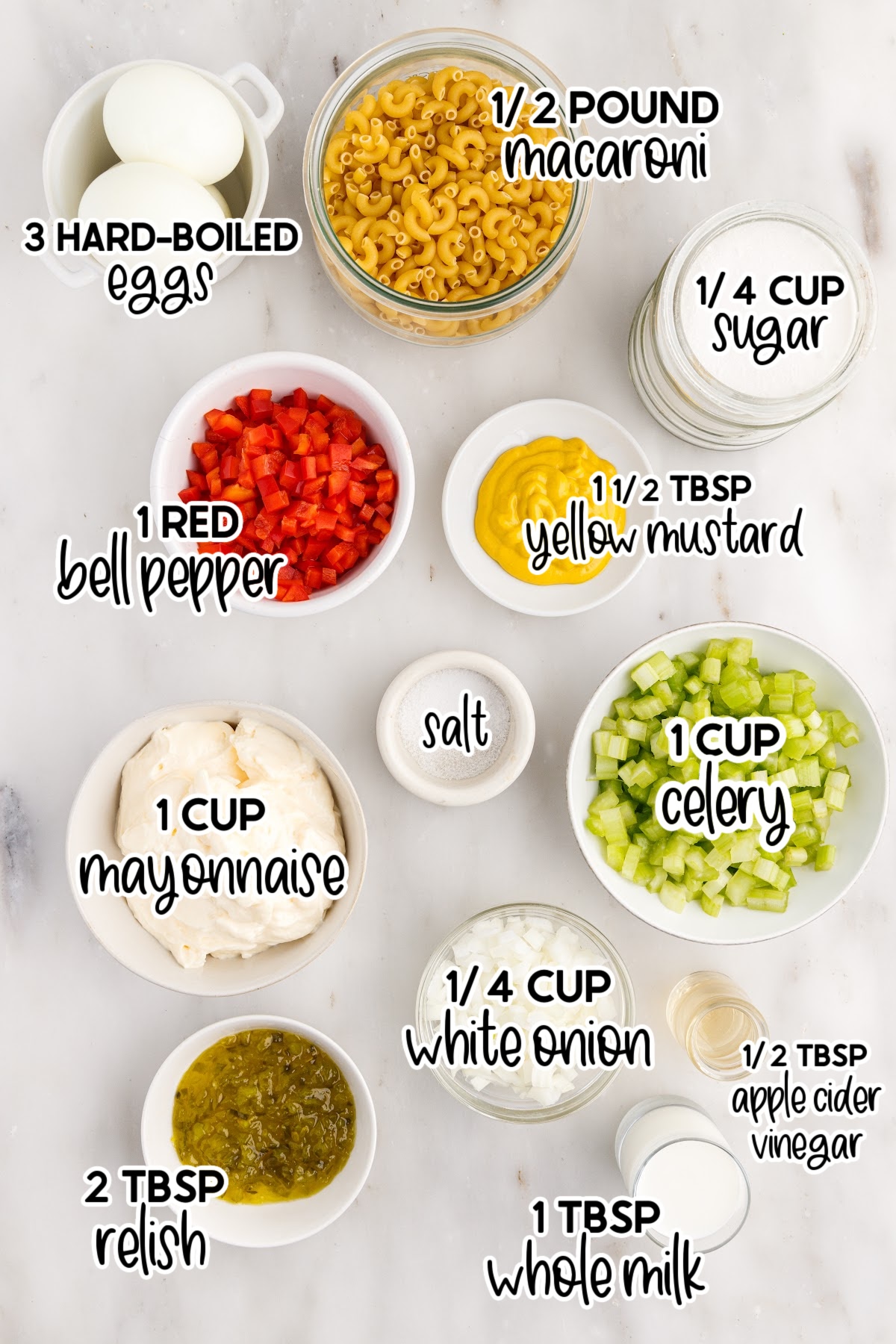 Ingredients needed to make Amish Macaroni Salad with text overlay.