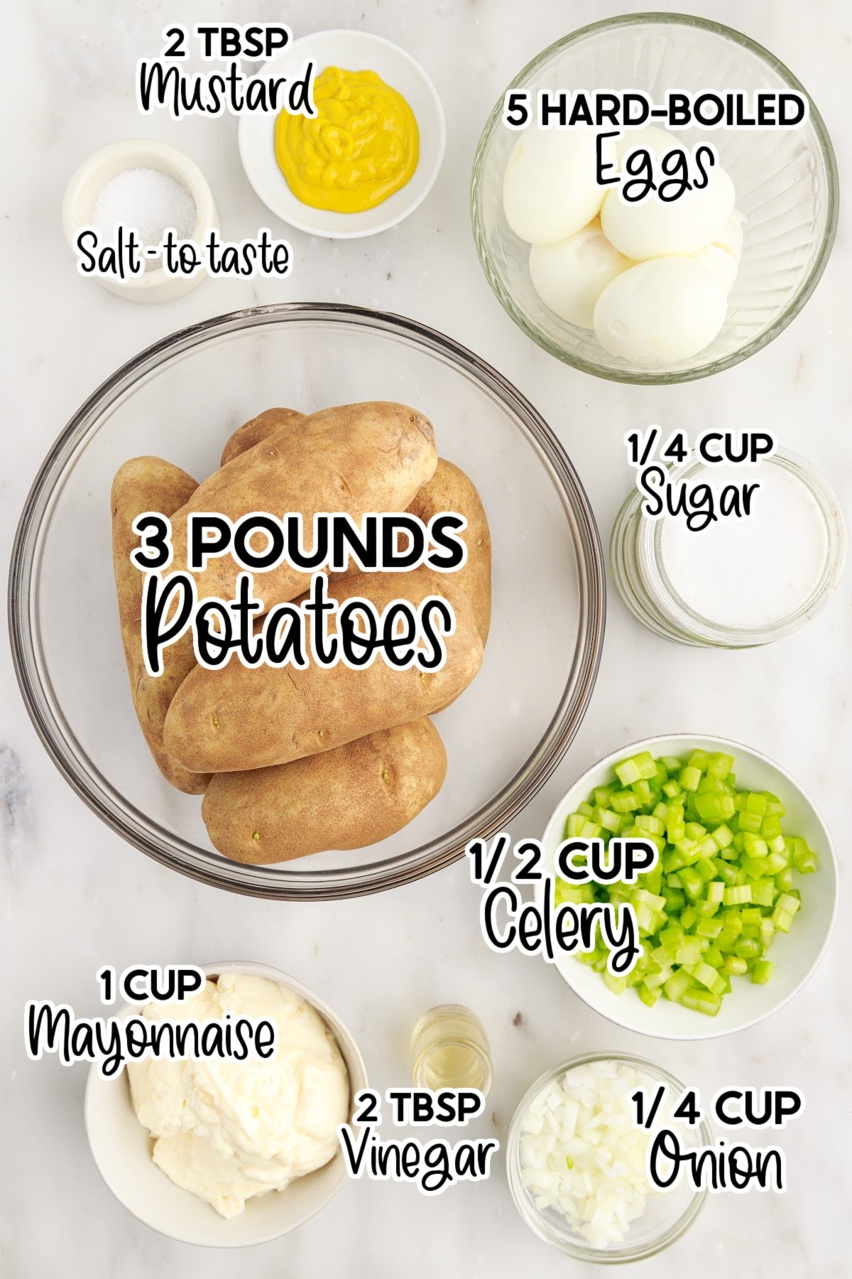 Ingredients needed to make Amish Potato Salad with text overlay.