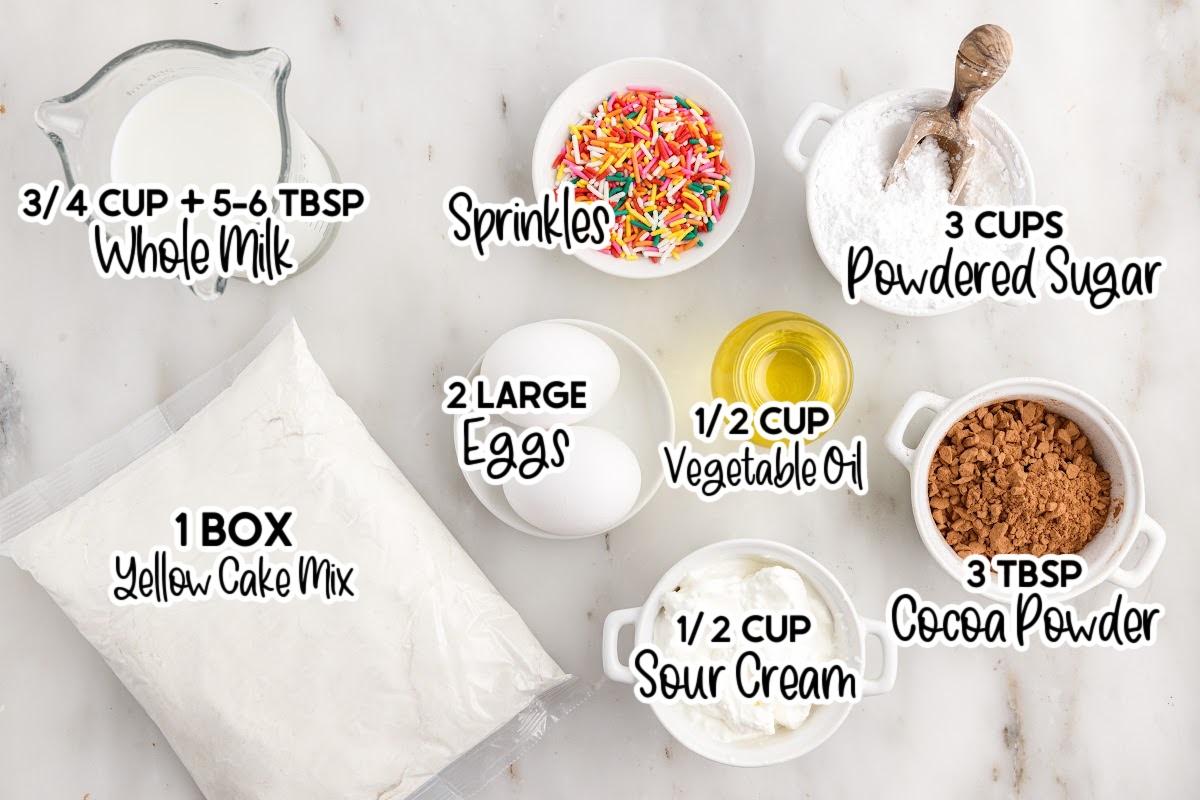 Ingredients needed to make Cake Mix Donuts with text overlay.
