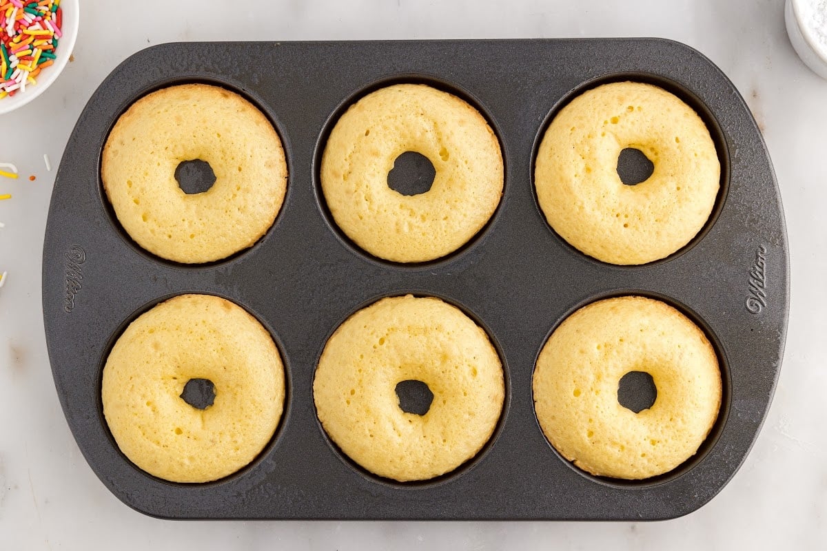 Cake Mix Donuts in a donut tray after being baked.