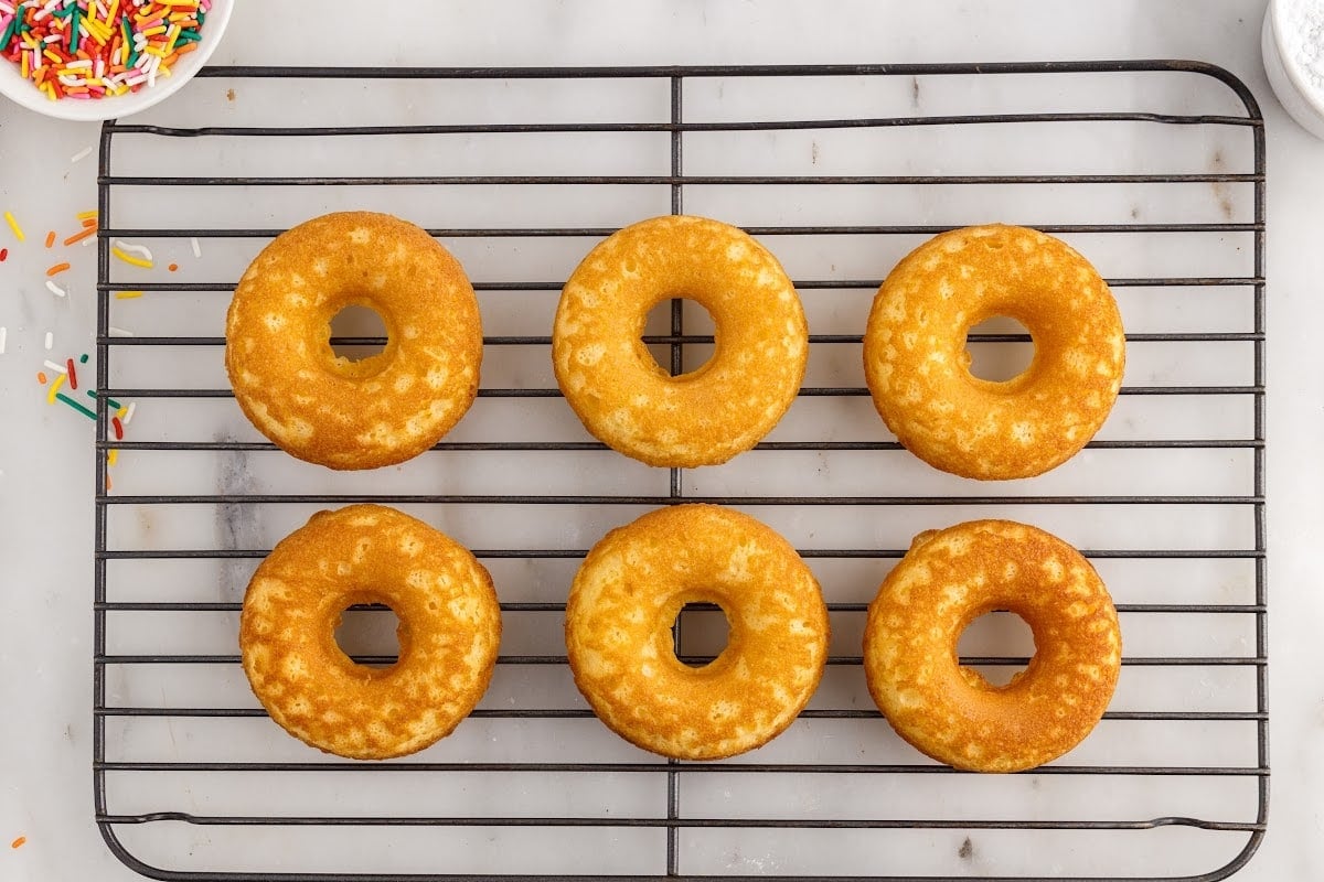 Cake Mix Donuts on a cooking rack.