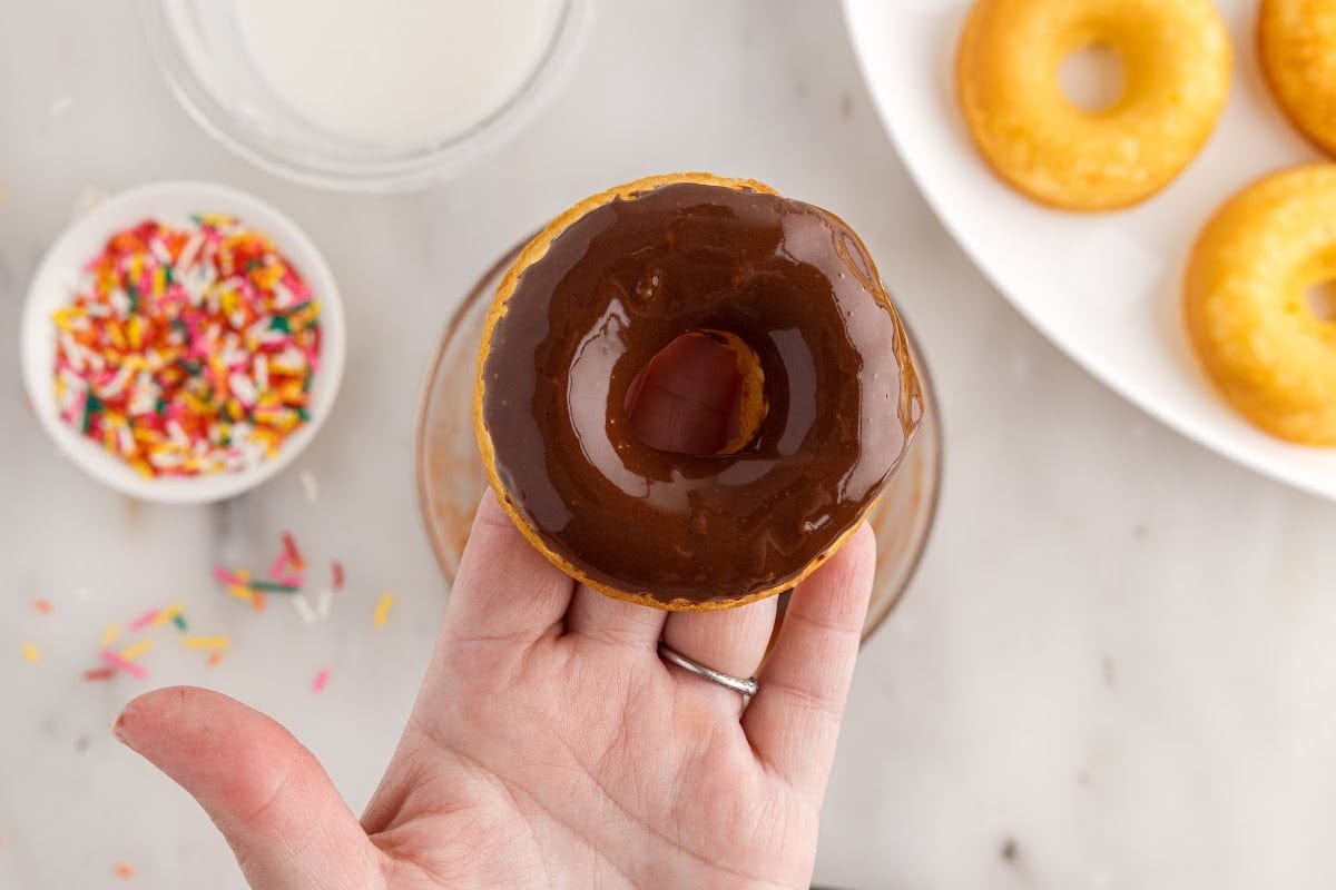 Cake Mix Donut after being dipped in chocolate icing.