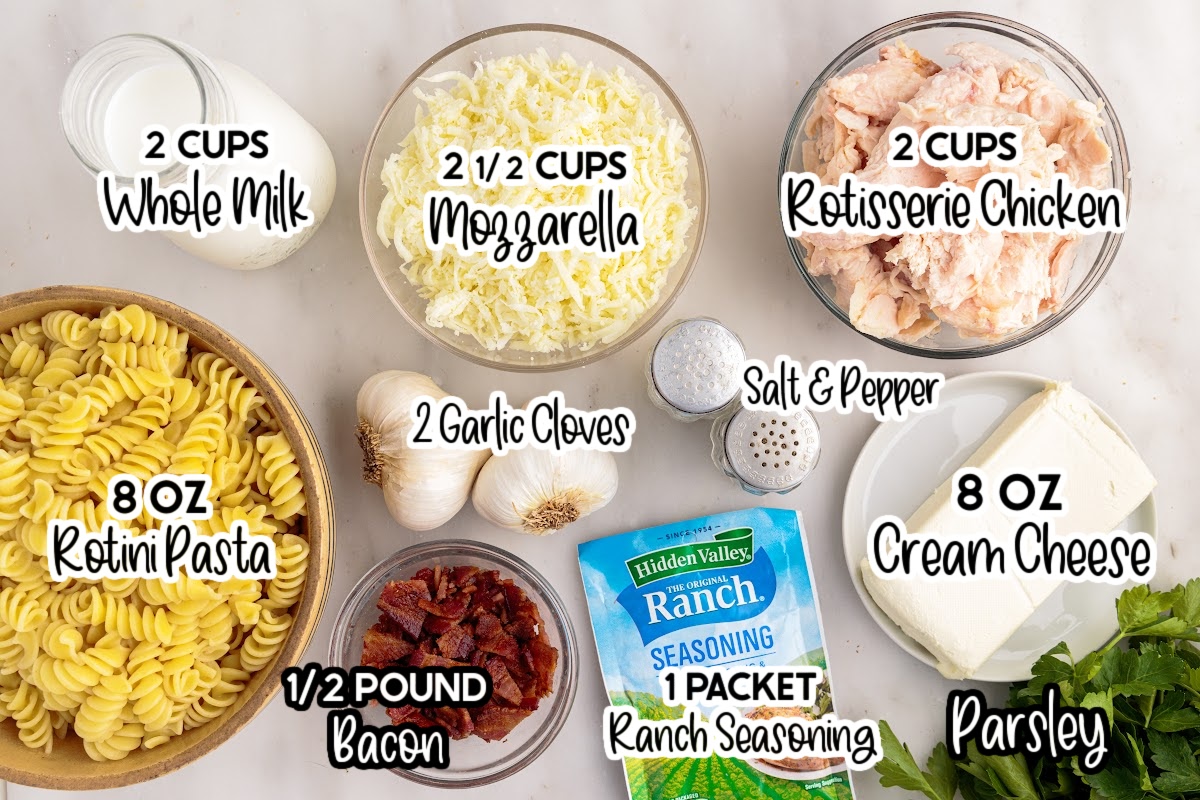 Ingredients needed to make Chicken Bacon Ranch Casserole with text overlay.