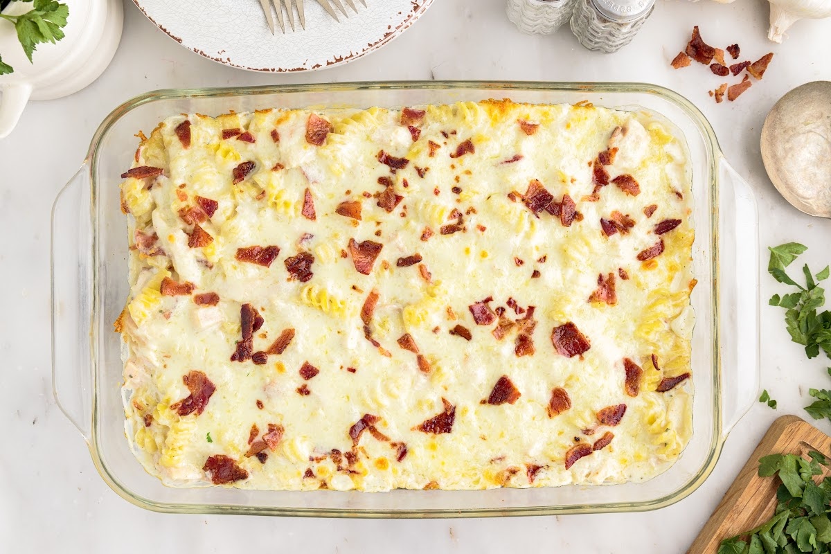 Chicken Bacon Ranch Casserole after being baked in a 9x13.
