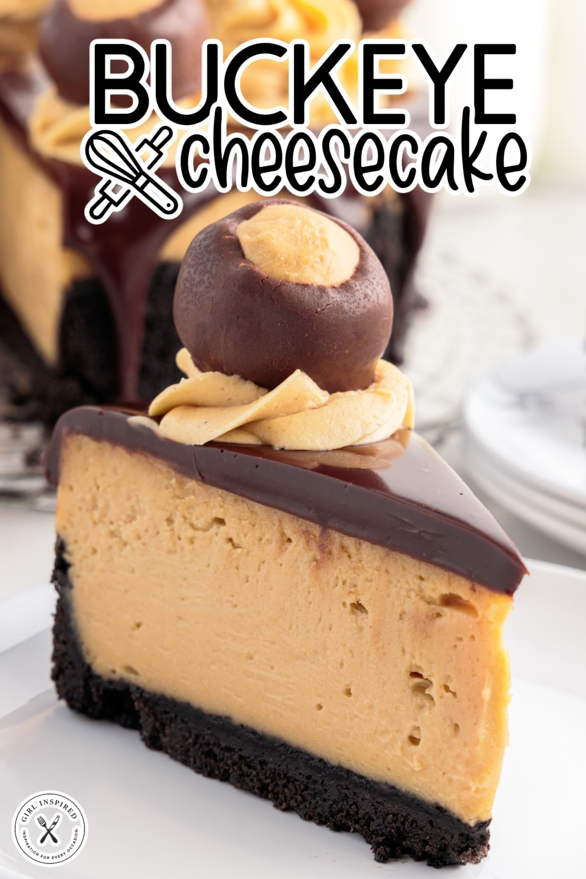 A slice of Chocolate Peanut Butter Cheesecake on a plate with text overlay.