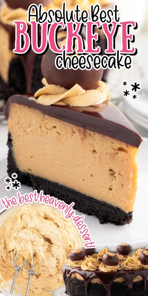 A slice of Chocolate Peanut Butter Cheesecake, a bowl of batter for Chocolate Peanut Butter Cheesecake, and a whole Chocolate Peanut Butter Cheesecake with text overlay.
