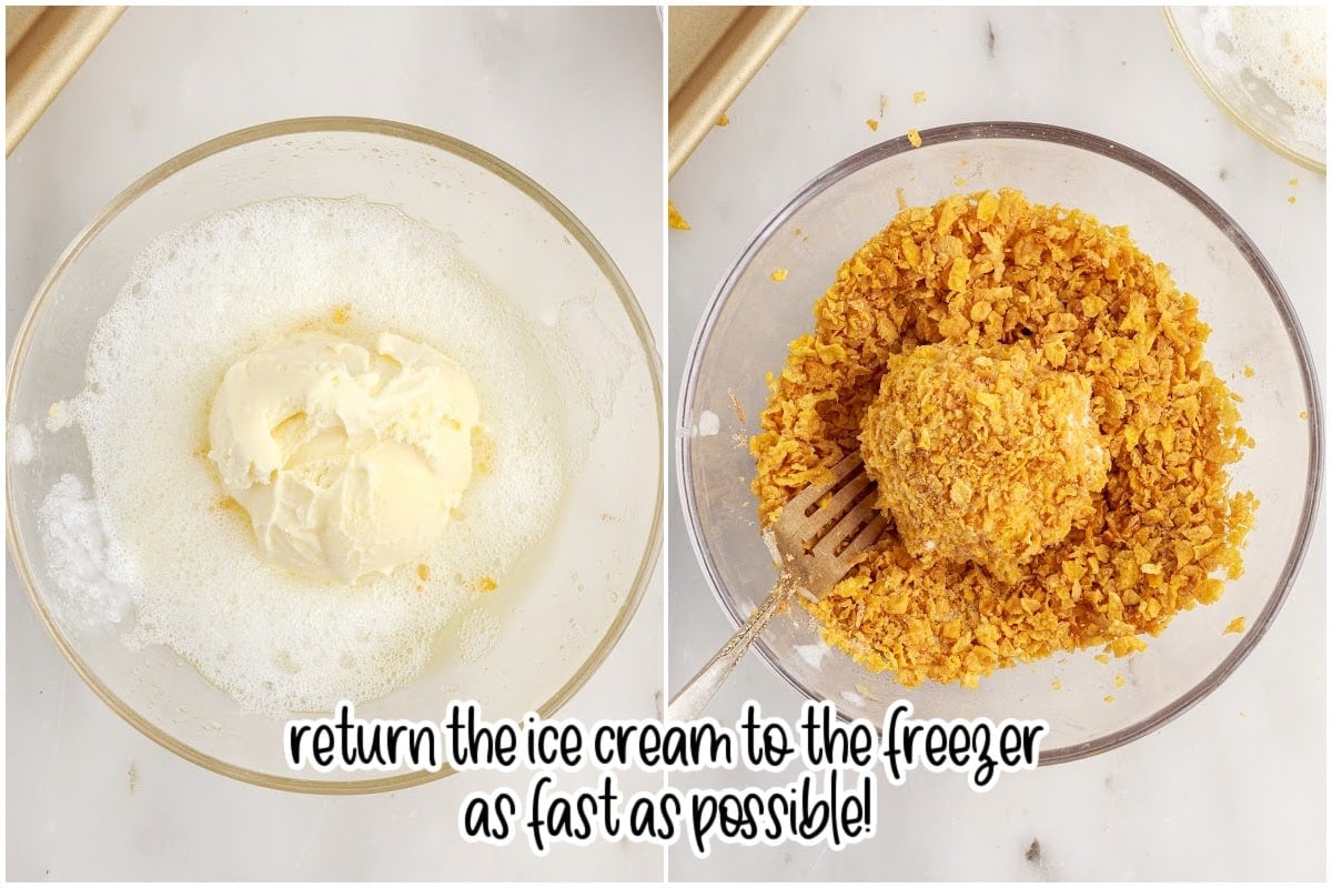 Ice cream in the egg whites then rolled in corn flakes.