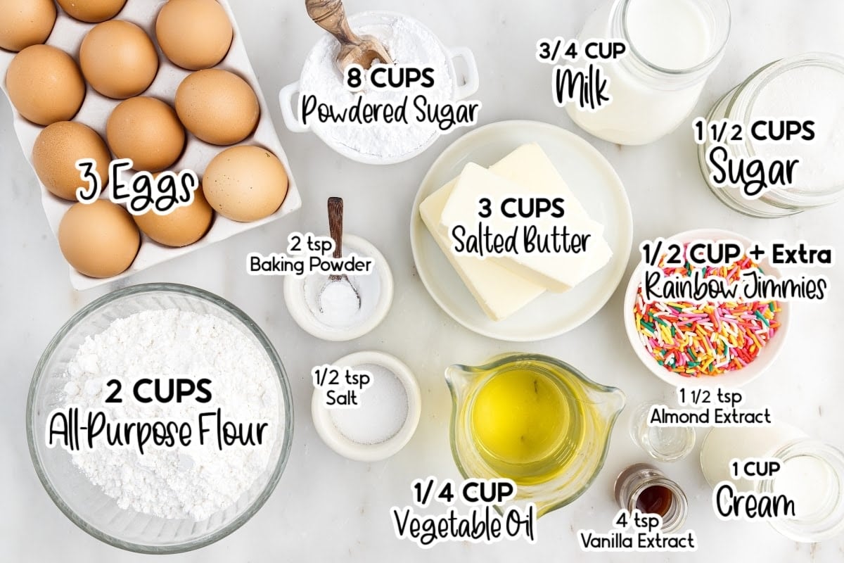 Ingredients needed to make Funfetti Cake with text overlay.