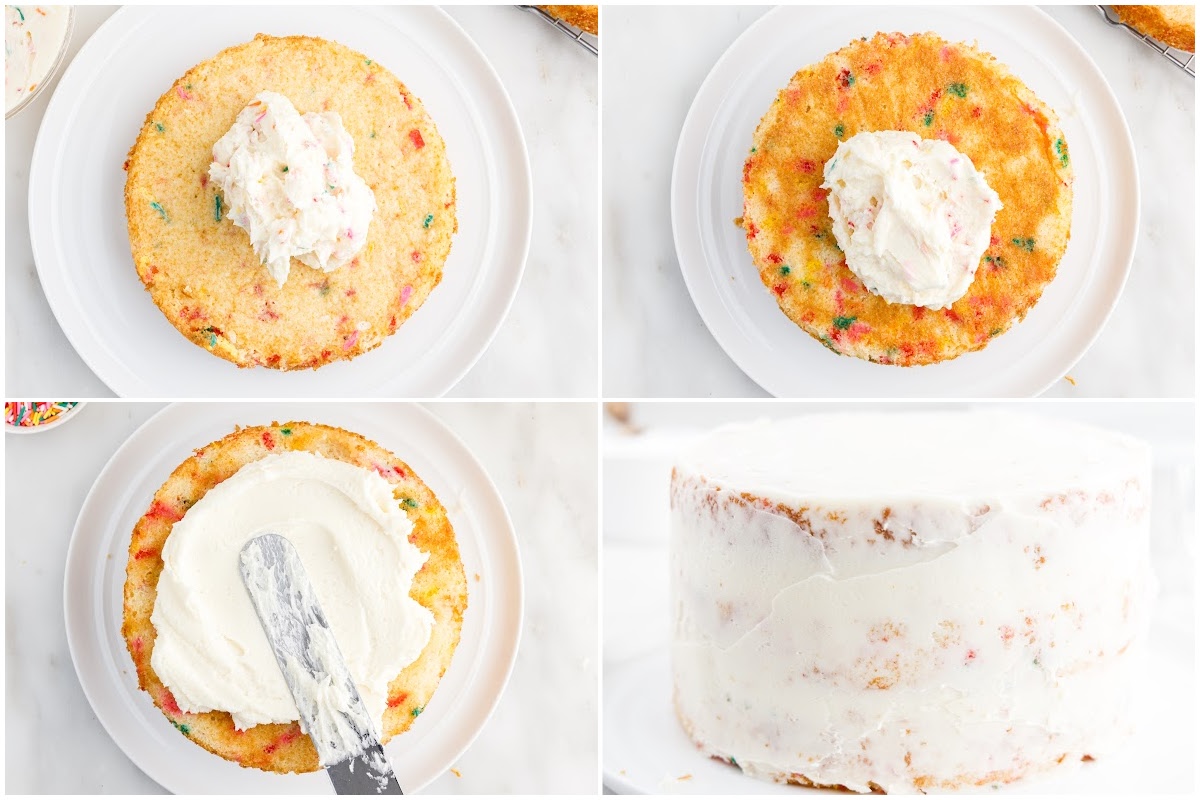 Four images of cake being iced layer by layer and the entire cake iced with a crumb layer.
