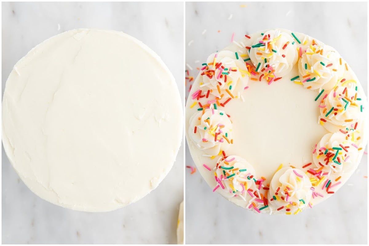 Side by side images of the top of the Funfetti Cake iced and the top of the Funfetti Cake dolloped with icing and sprinkles added.