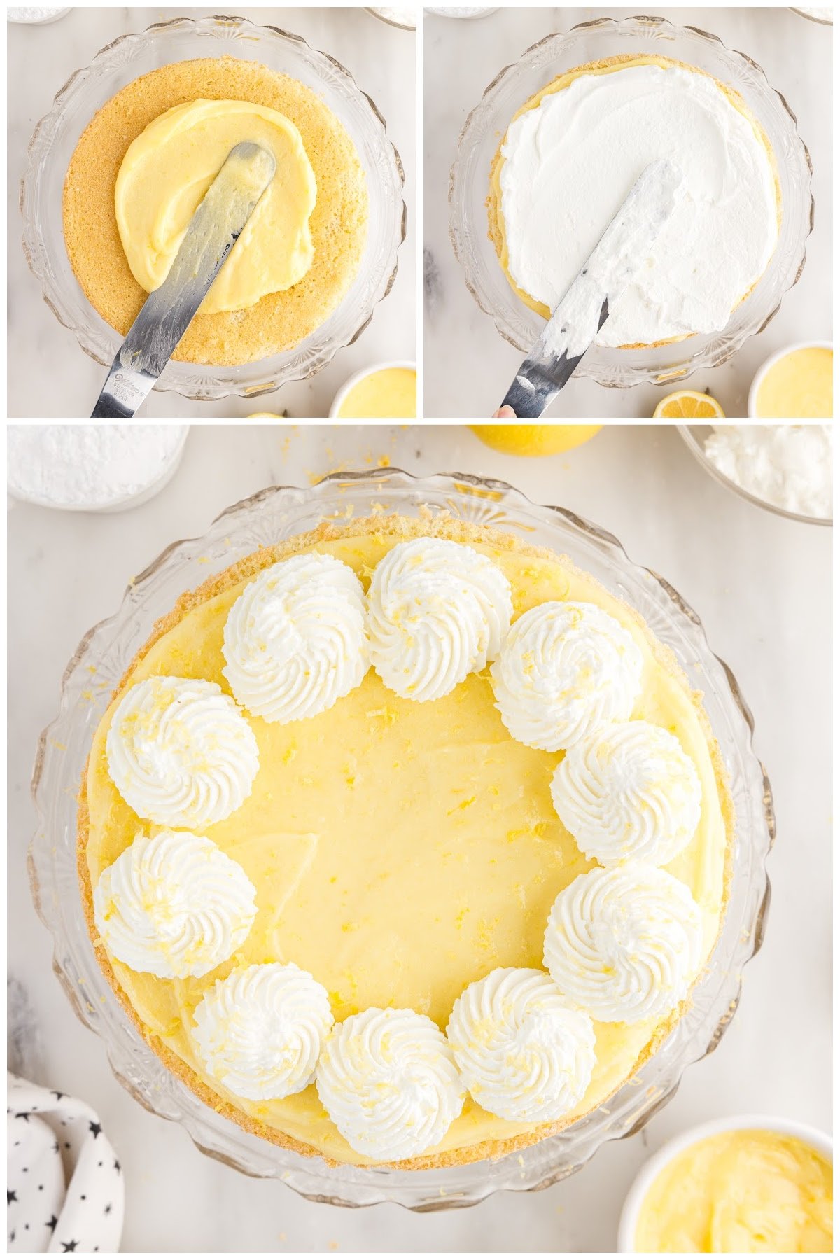 Three images of Lemon Sponge Cake being layered with icing in between and the top of the cake dolloped with icing swirls.