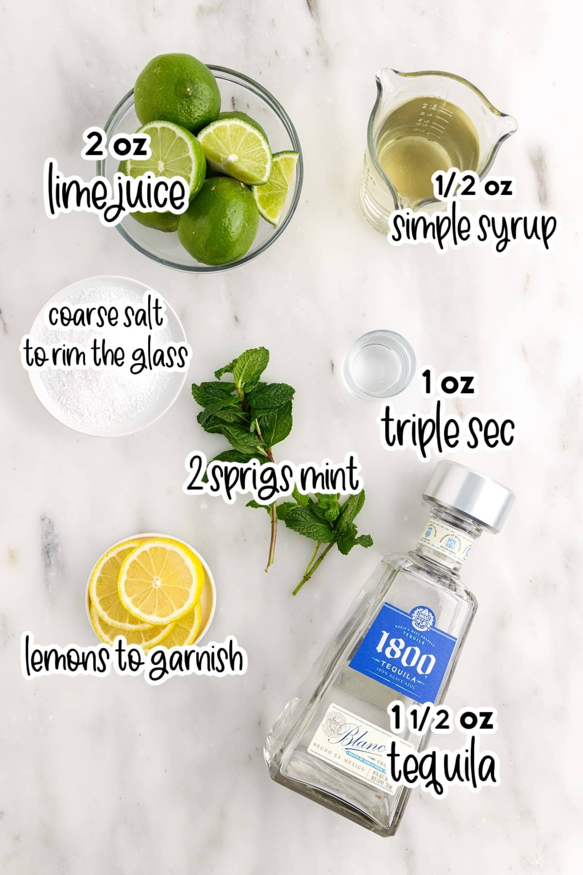 Ingredients needed to make Mint Margaritas with text overlay.