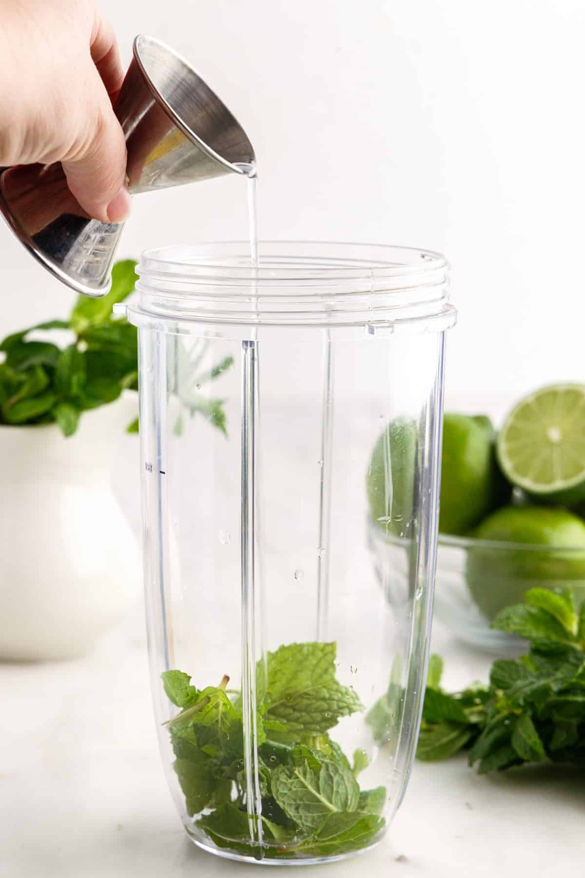 Simple syrup added to a drink blender with mint in it.