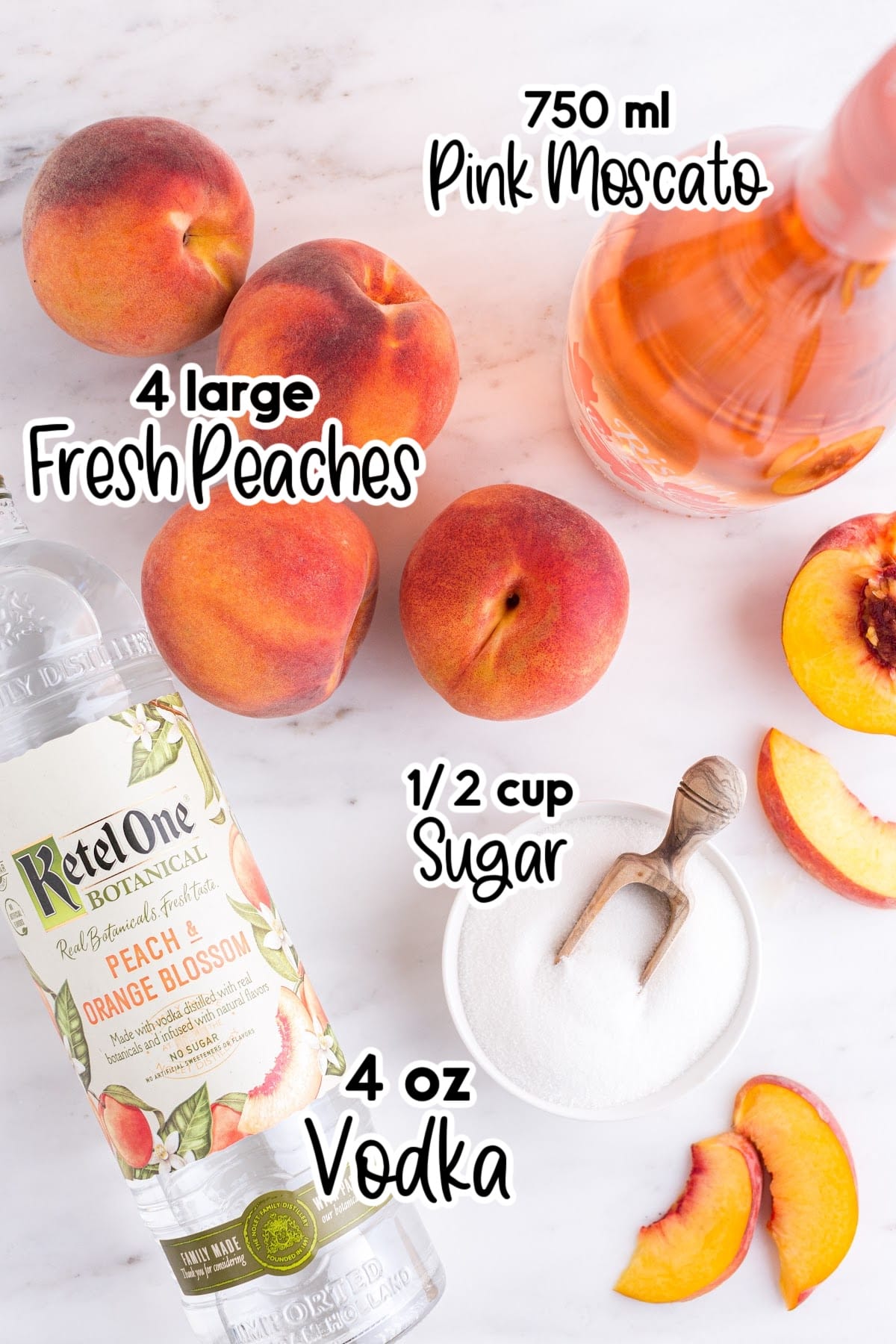 Ingredients needed to make Peach White Wine Slushie with text overlay.