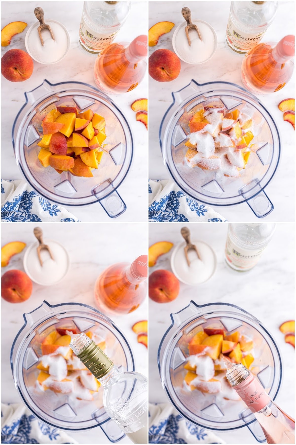 Four images of steps of the process to make Peach White Wine Slushies.