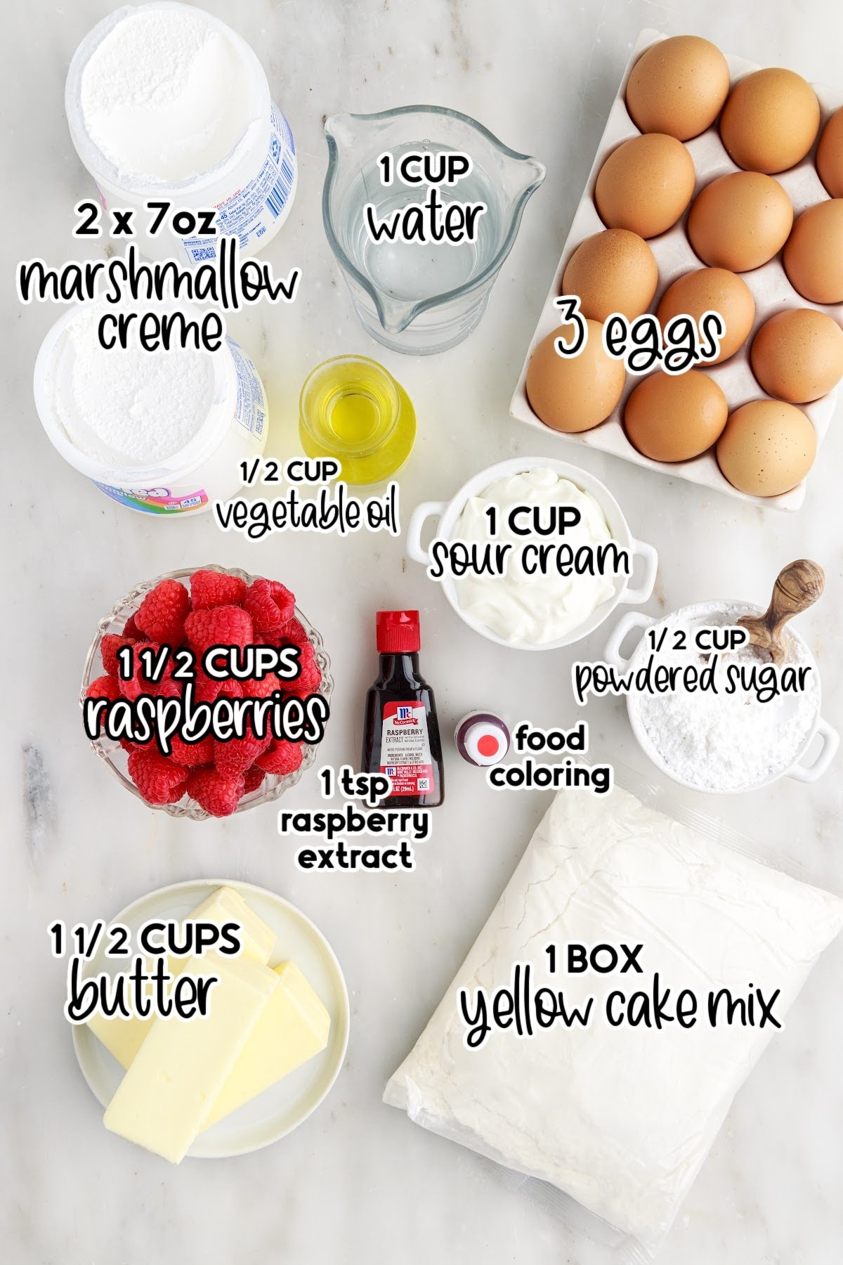 Ingredients needed to make Raspberry Cupcakes with text overlay.