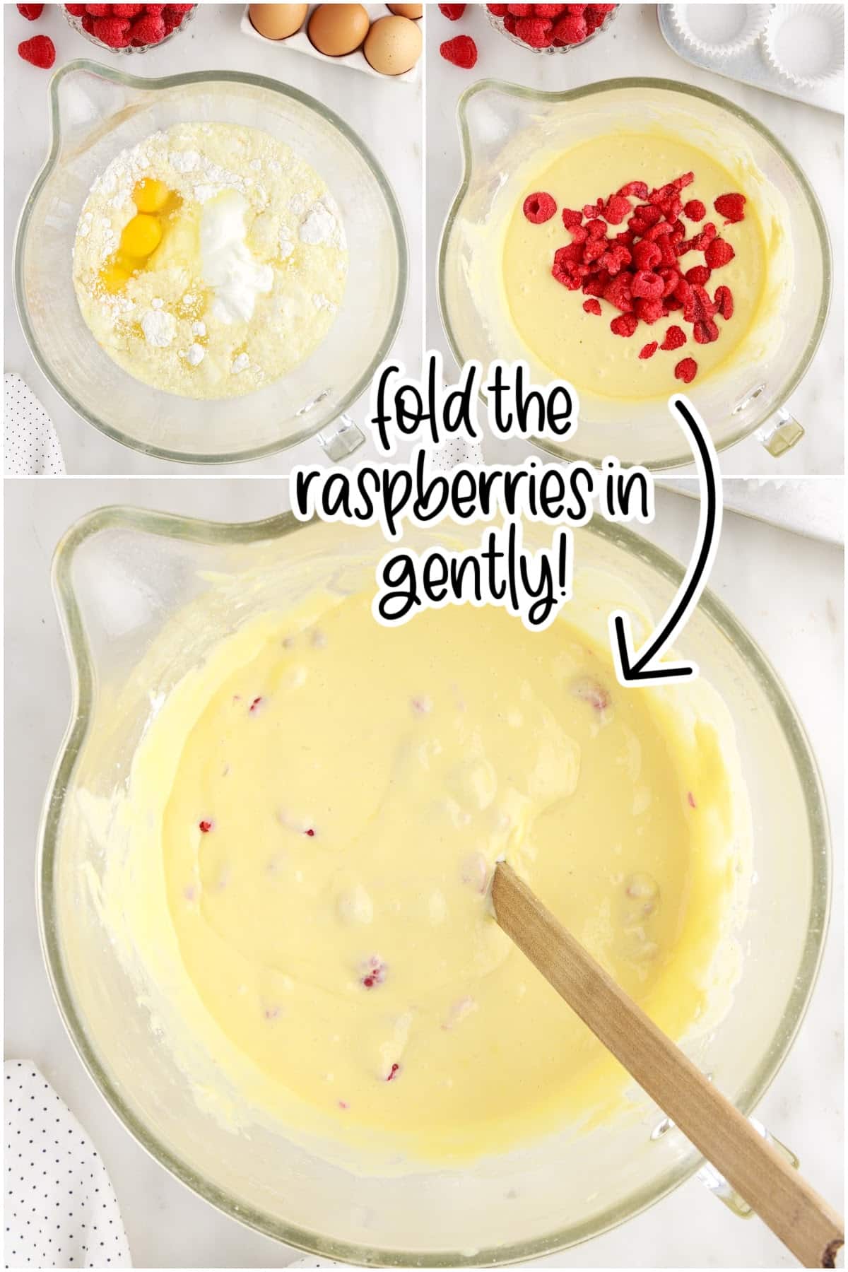 Three images of cake mix, eggs, sour cream, oil and water, a mixing bowl with raspberries added to top and a mixing bowl with batter and raspberries mixed in with text overlay.