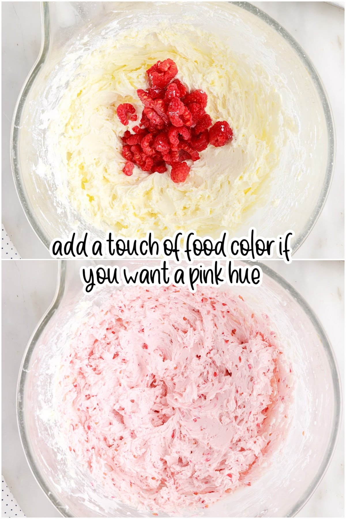 Two images of raspberries added to frosting and frosting with raspberries mixed in and a food coloring added to tint it pink with text overlay.